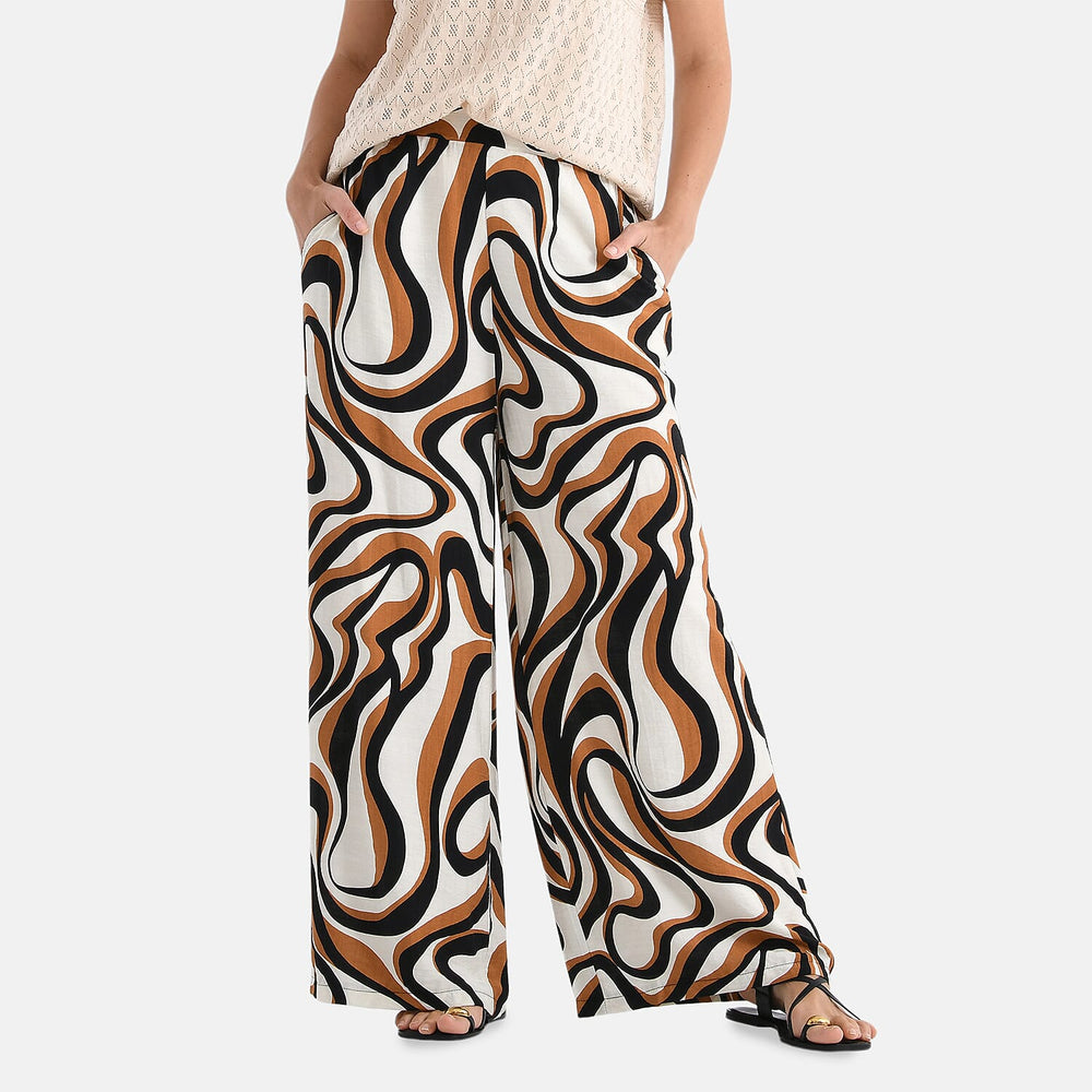 - Maisi Wave Pattern Wide Leg Trouser (Size L) - Off White Base with Black - Brown Print