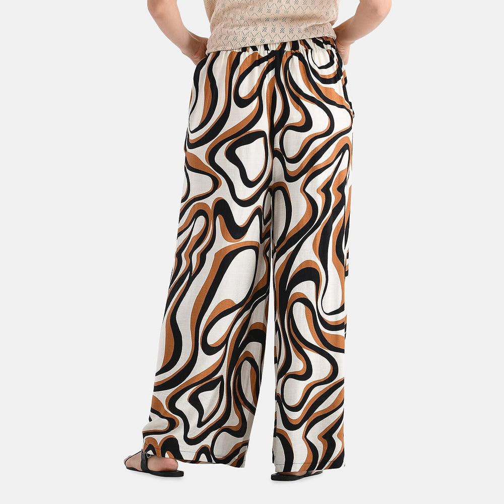 - Maisi Wave Pattern Wide Leg Trouser (Size L) - Off White Base with Black - Brown Print