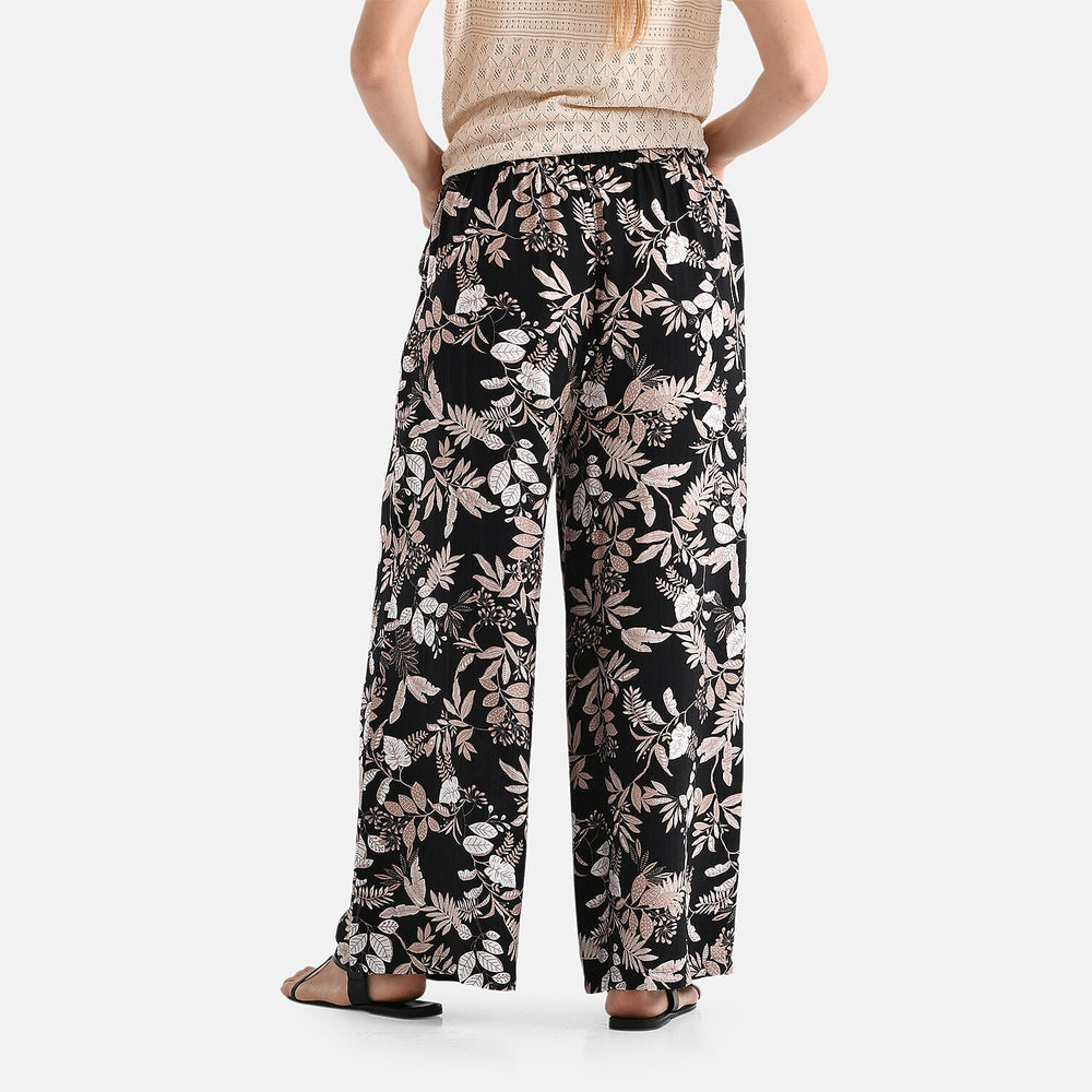 - Maisi Leaf Print SOFT TOUCH Wide Leg Trouser (Size S) - Black Base with White - Brown Flowers