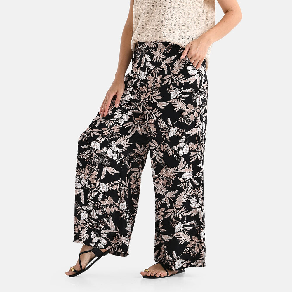 - Maisi Leaf Print SOFT TOUCH Wide Leg Trouser (Size S) - Black Base with White - Brown Flowers