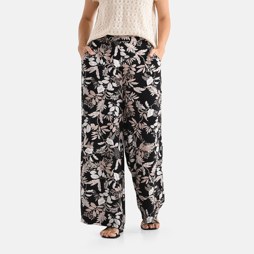 - Maisi Leaf Print SOFT TOUCH Wide Leg Trouser (Size S) - Black Base with White - Brown Flowers