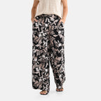 - Maisi Leaf Print SOFT TOUCH Wide Leg Trouser (Size S) - Black Base with White - Brown Flowers