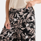 - Maisi Leaf Print SOFT TOUCH Wide Leg Trouser (Size S) - Black Base with White - Brown Flowers