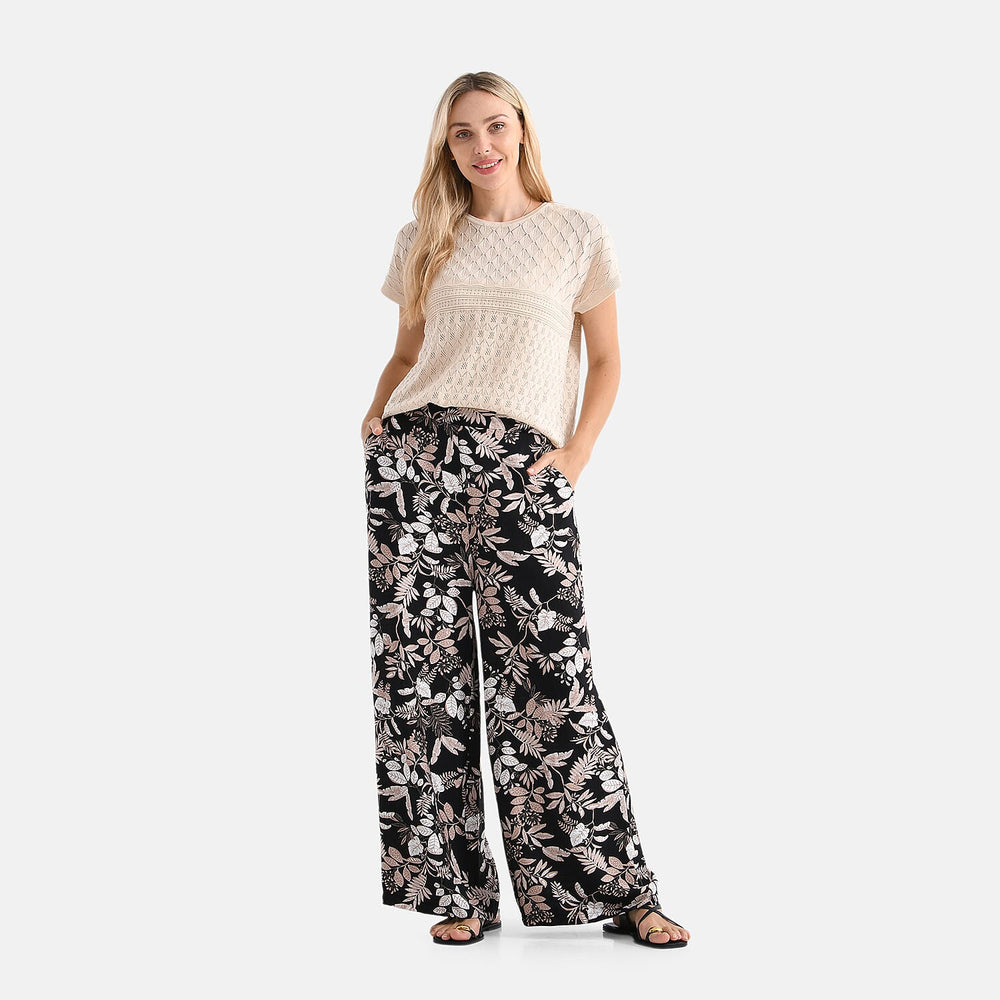 - Maisi Leaf Print Wide Leg Trouser (Size XL) - Black Base with White - Brown Flowers