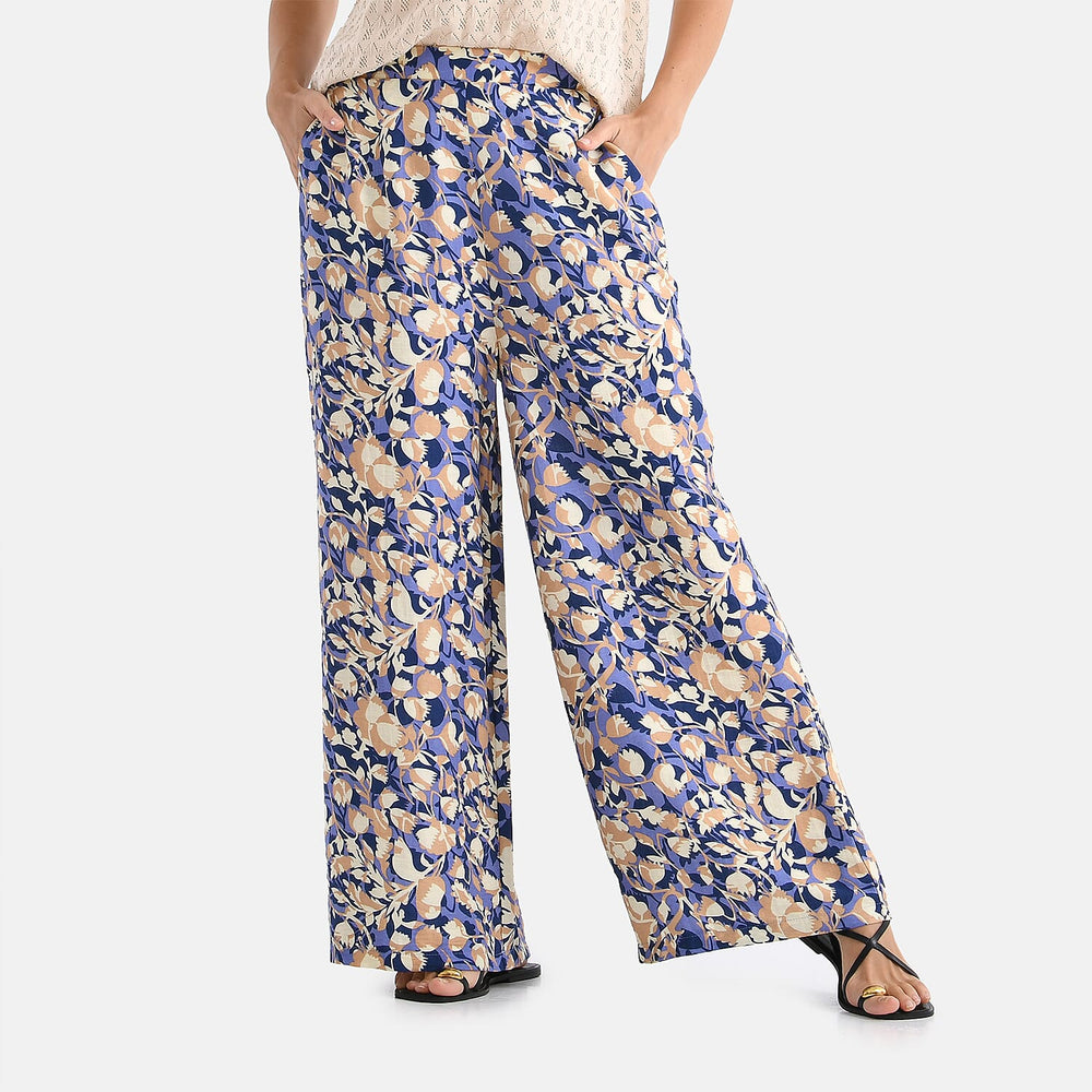 - Maisi Floral Print Wide Leg Trouser (Size XL) - Purple Base with Light Brown - Yellow Flowers