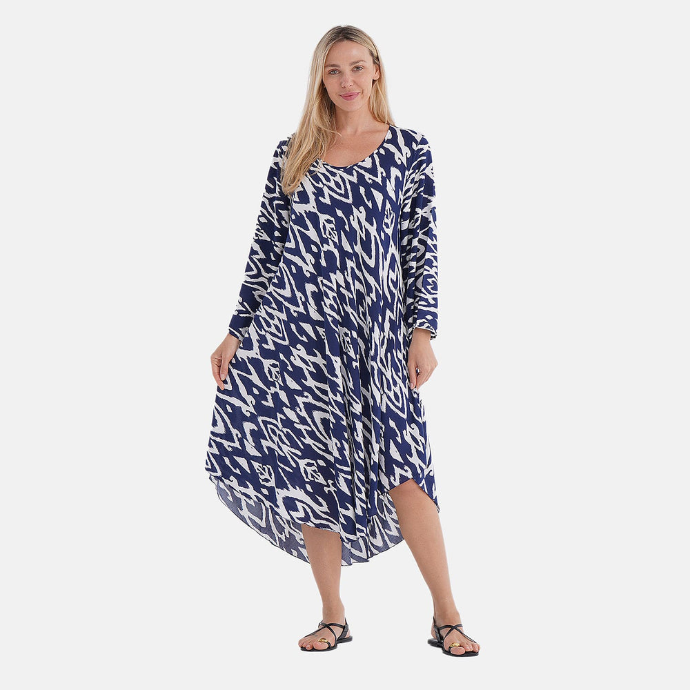 - Maisi Abstract Geometric Print Midi Dress - Loose Fit - High-Low Hem (Size 10 - 20) - Blue - White