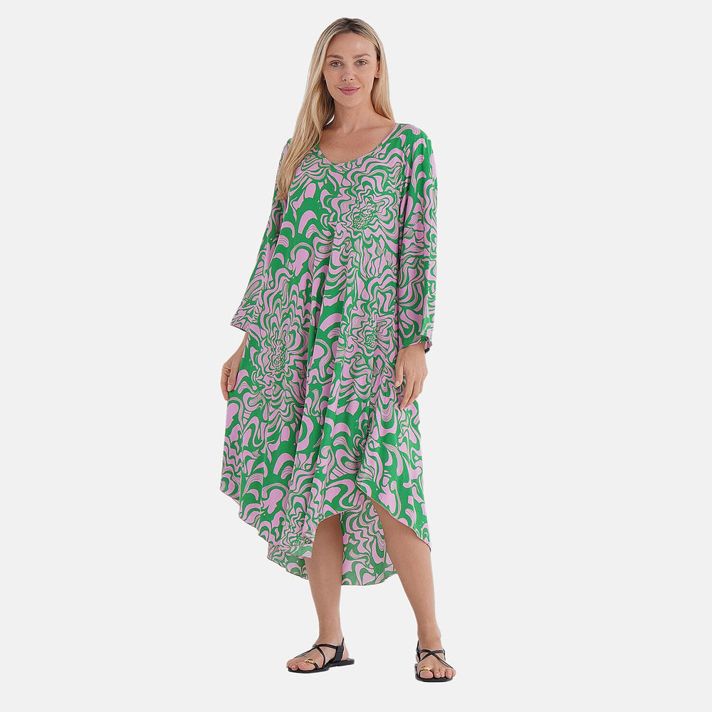 - Maisi Abstract Geometric Print Midi Dress - Loose Fit - High-Low Hem (Size 10 - 20) - Green - Pink
