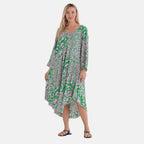 - Maisi Abstract Geometric Print Midi Dress - Loose Fit - High-Low Hem (Size 10 - 20) - Green - Pink