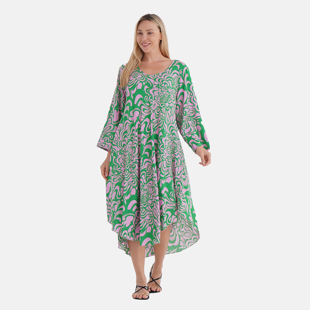 - Maisi Abstract Geometric Print Midi Dress - Loose Fit - High-Low Hem (Size 10 - 20) - Green - Pink