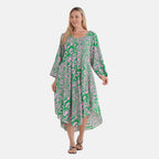 - Maisi Abstract Geometric Print Midi Dress - Loose Fit - High-Low Hem (Size 10 - 20) - Green - Pink