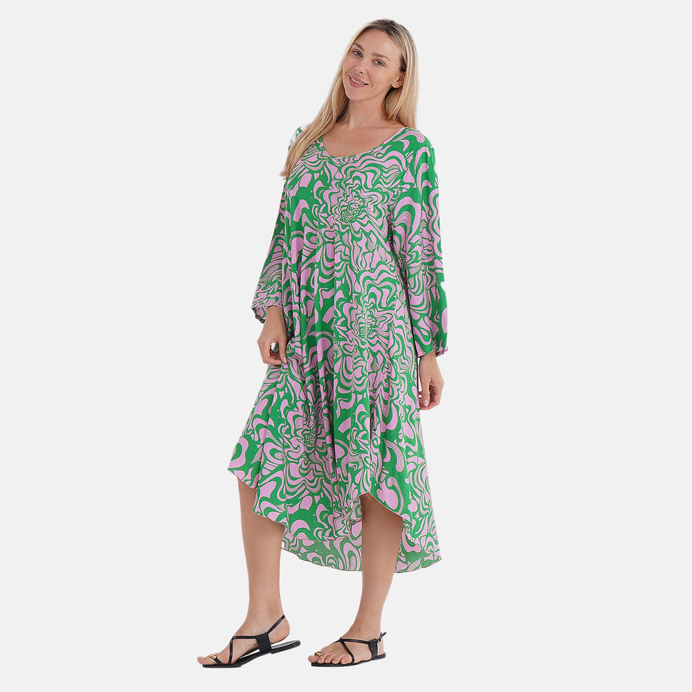 - Maisi Abstract Geometric Print Midi Dress - Loose Fit - High-Low Hem (Size 10 - 20) - Green - Pink