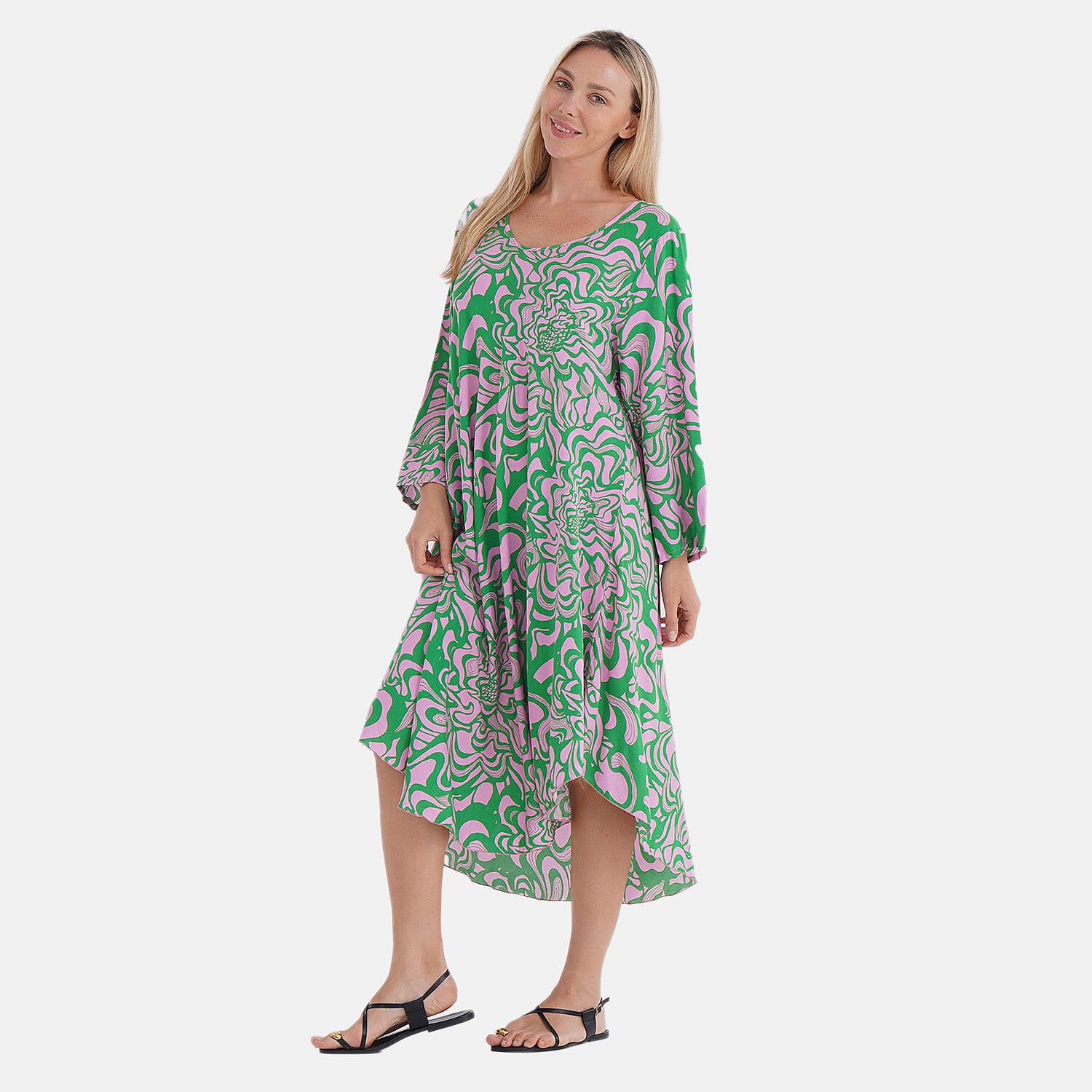 - Maisi Abstract Geometric Print Midi Dress - Loose Fit - High-Low Hem (Size 10 - 20) - Green - Pink