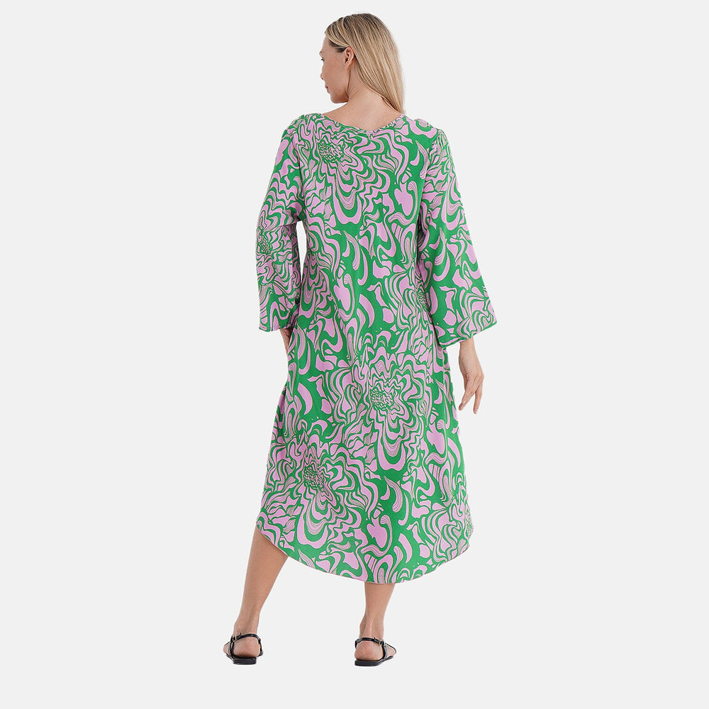 - Maisi Abstract Geometric Print Midi Dress - Loose Fit - High-Low Hem (Size 10 - 20) - Green - Pink
