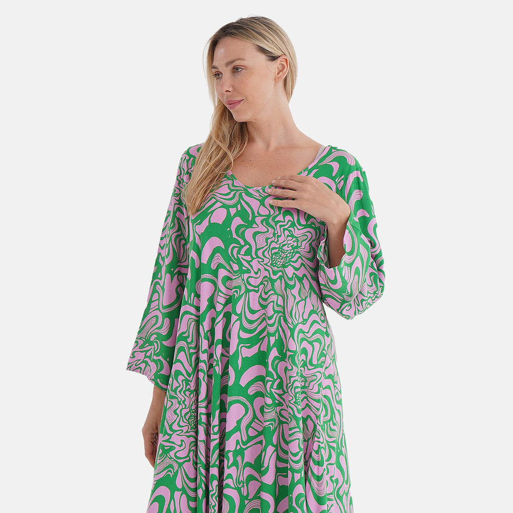 - Maisi Abstract Geometric Print Midi Dress - Loose Fit - High-Low Hem (Size 10 - 20) - Green - Pink