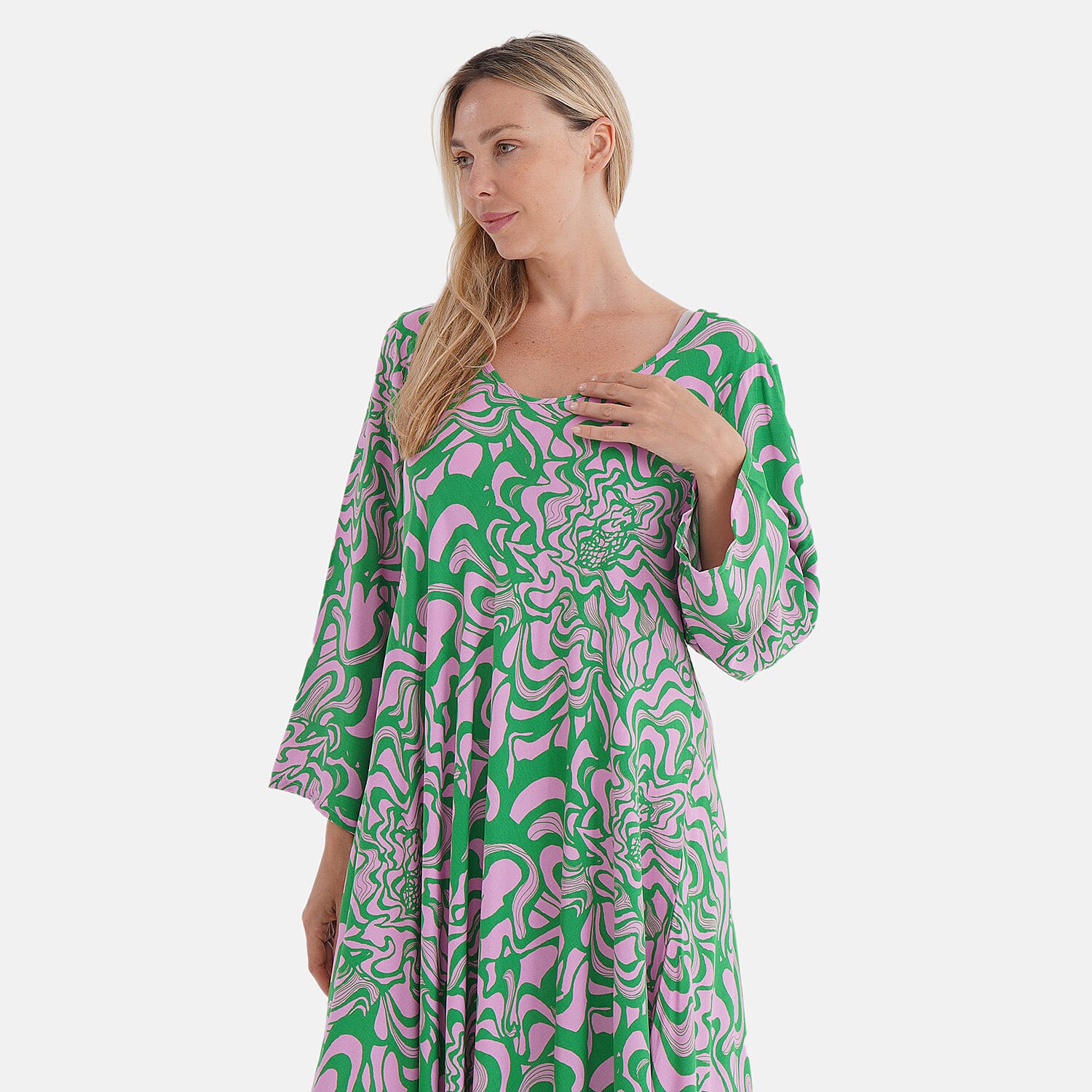 - Maisi Abstract Geometric Print Midi Dress - Loose Fit - High-Low Hem (Size 10 - 20) - Green - Pink