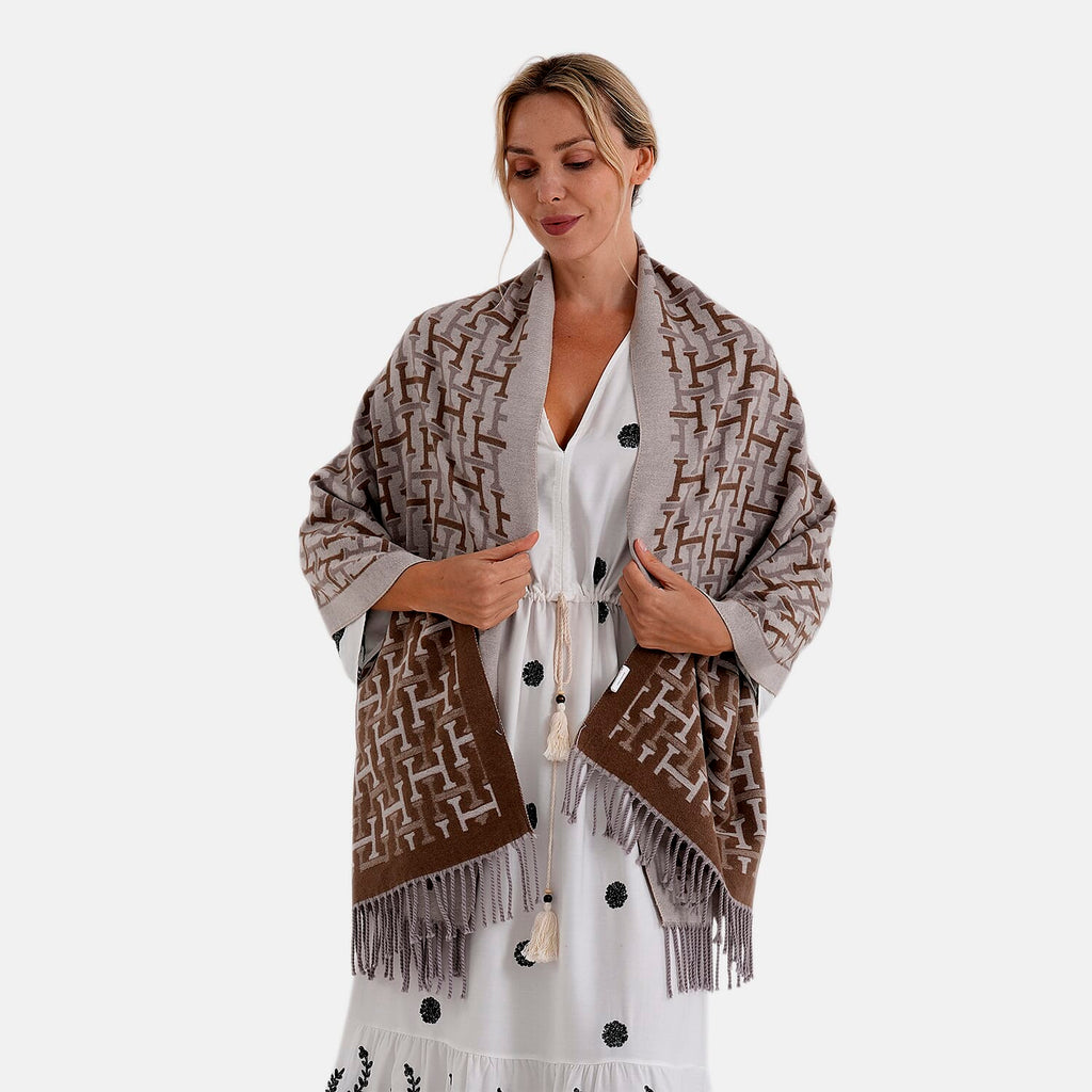 - Maisi Geometric Print Tassel Scarf (65 x 180cm) - Beige