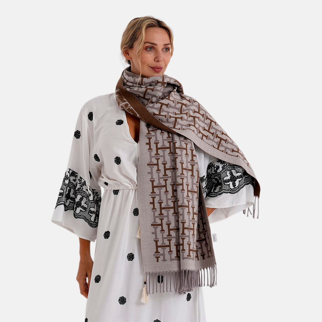 - Maisi Geometric Print Tassel Scarf (65 x 180cm) - Beige