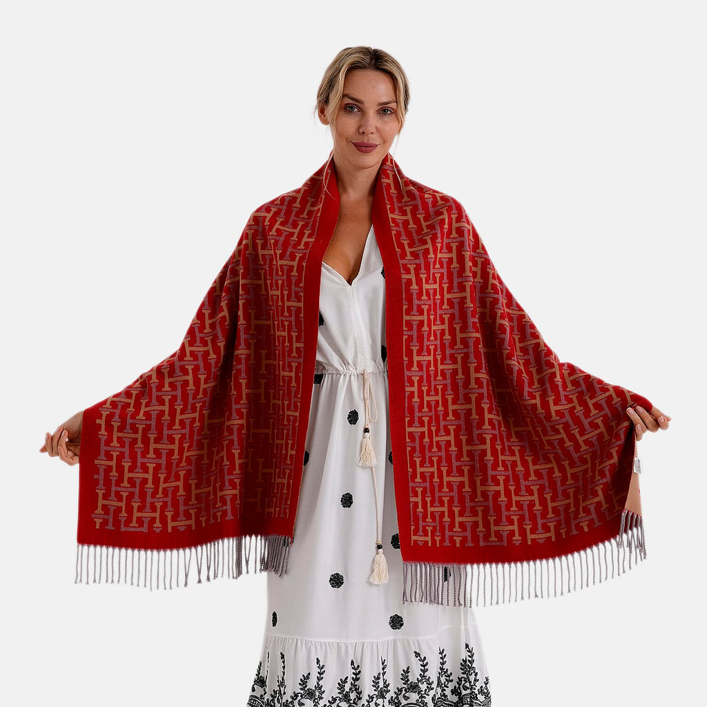 - Maisi Geometric Print Tassel Scarf (65 x 180cm) - Red