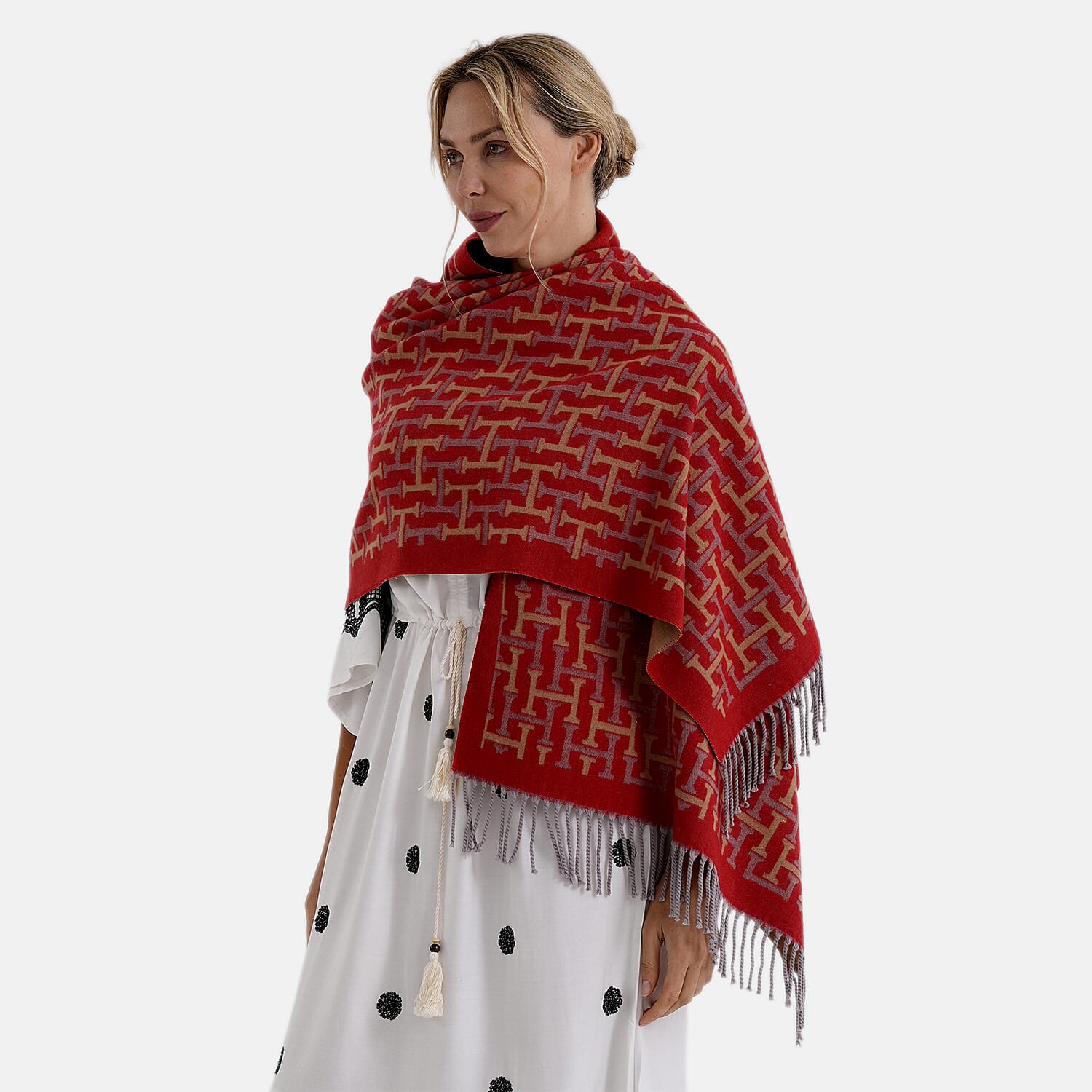 - Maisi Geometric Print Tassel Scarf (65 x 180cm) - Red