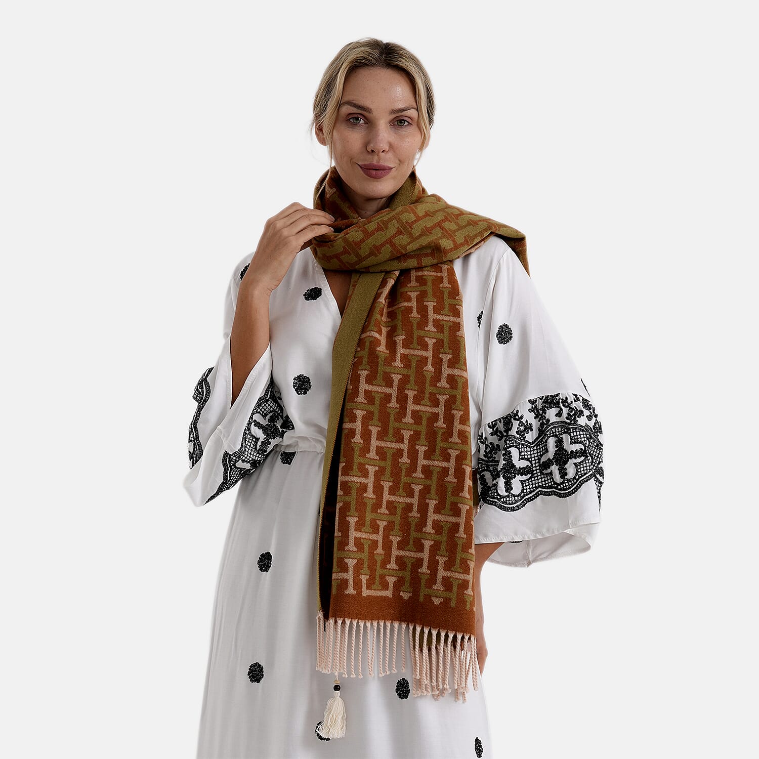 - Maisi Geometric Print Tassel Scarf (65 x 180cm) - Yellow