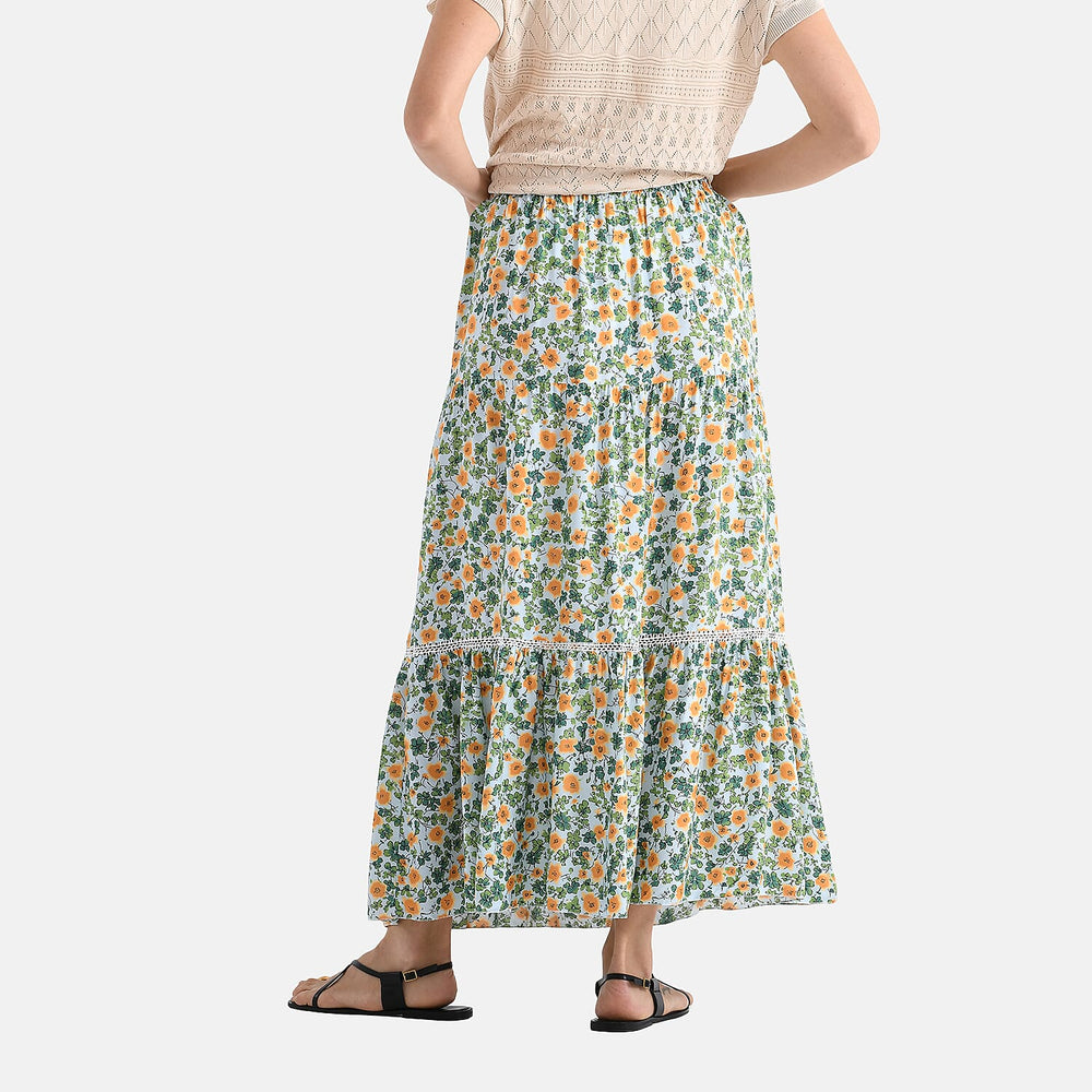 - Maisi Womens Viscose Floral Print Tiered Boho Skirt (One Size Curve) - Green