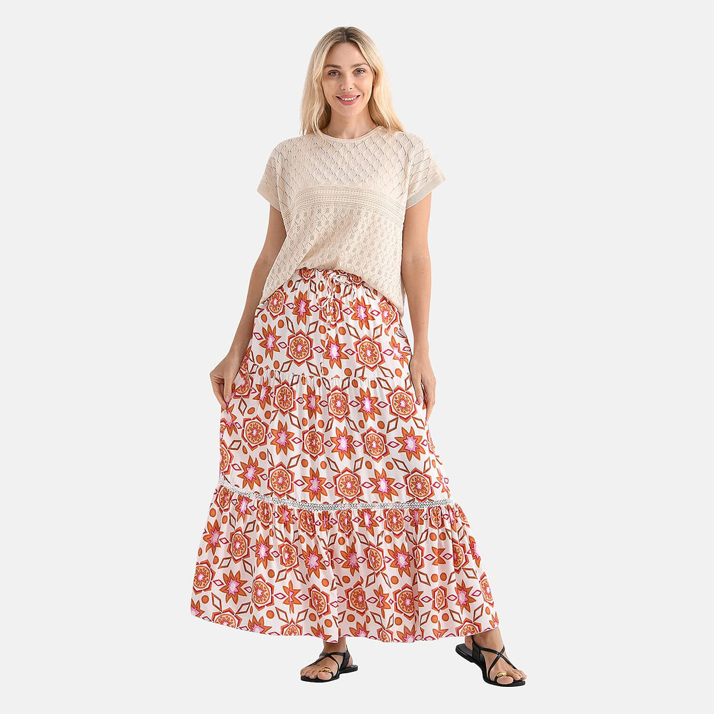 - Maisi Womens Viscose Bohemian Pattern Tiered Boho Skirt (One Size Curve) - Orange