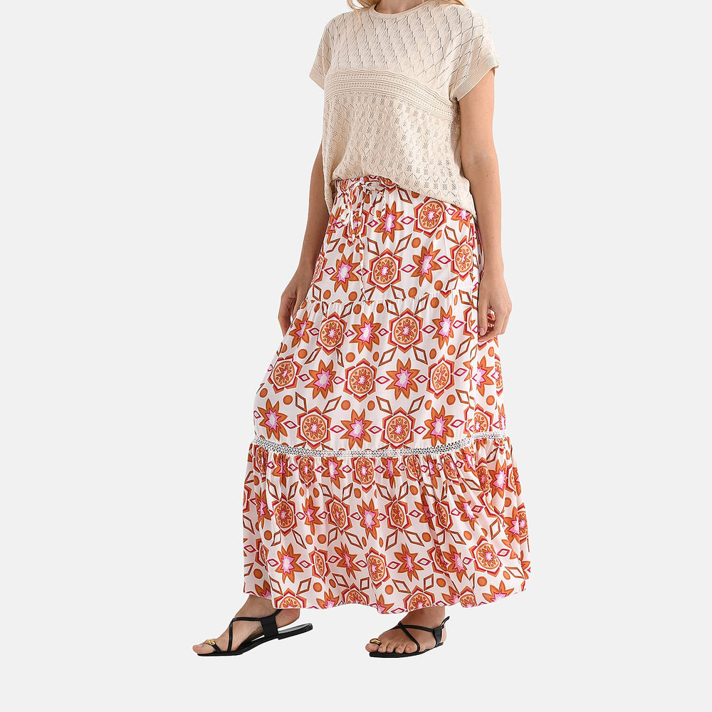 - Maisi Womens Viscose Bohemian Pattern Tiered Boho Skirt (One Size Curve) - Orange
