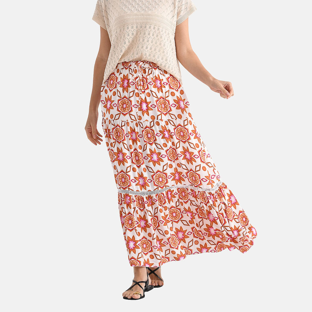 - Maisi Womens Viscose Bohemian Pattern Tiered Boho Skirt (One Size Curve) - Orange
