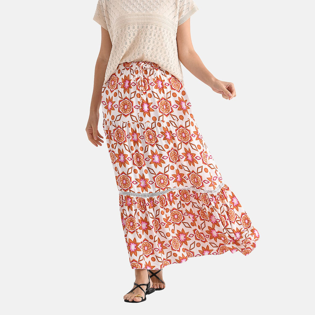 - Maisi Womens Viscose Bohemian Pattern Tiered Boho Skirt (One Size Curve) - Orange