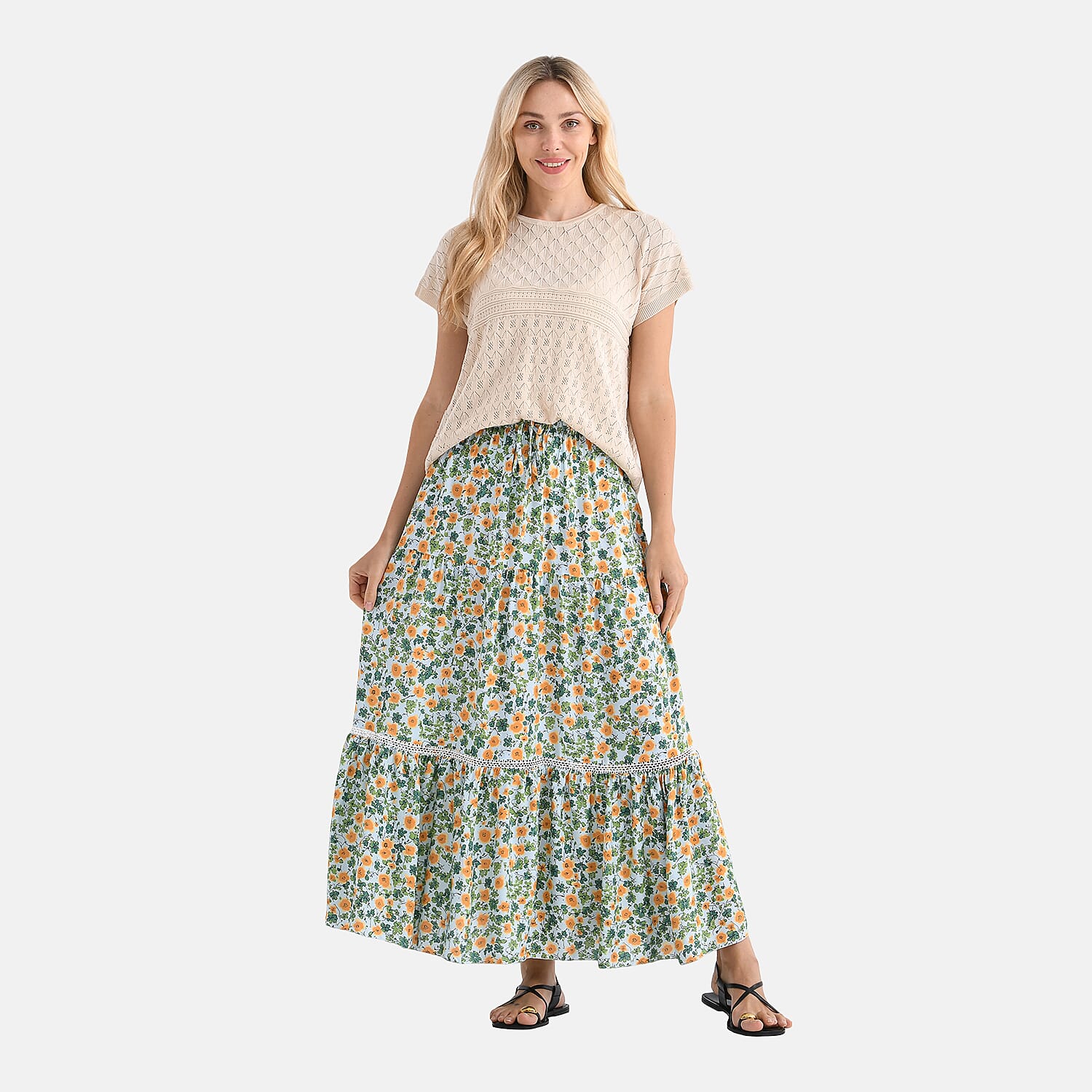 - Maisi Womens Viscose Floral Print Tiered Boho Skirt (One Size) - Green