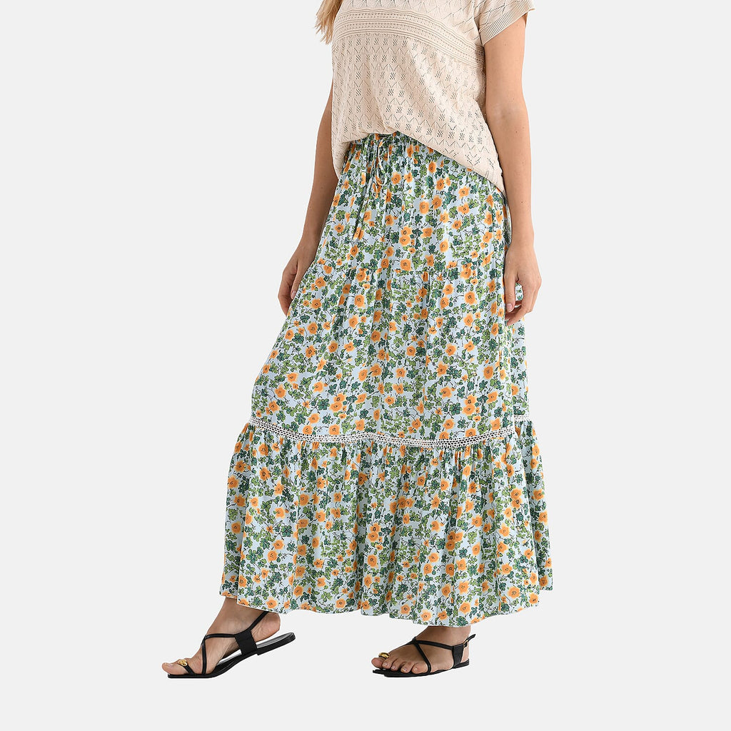 - Maisi Womens Viscose Floral Print Tiered Boho Skirt (One Size) - Green