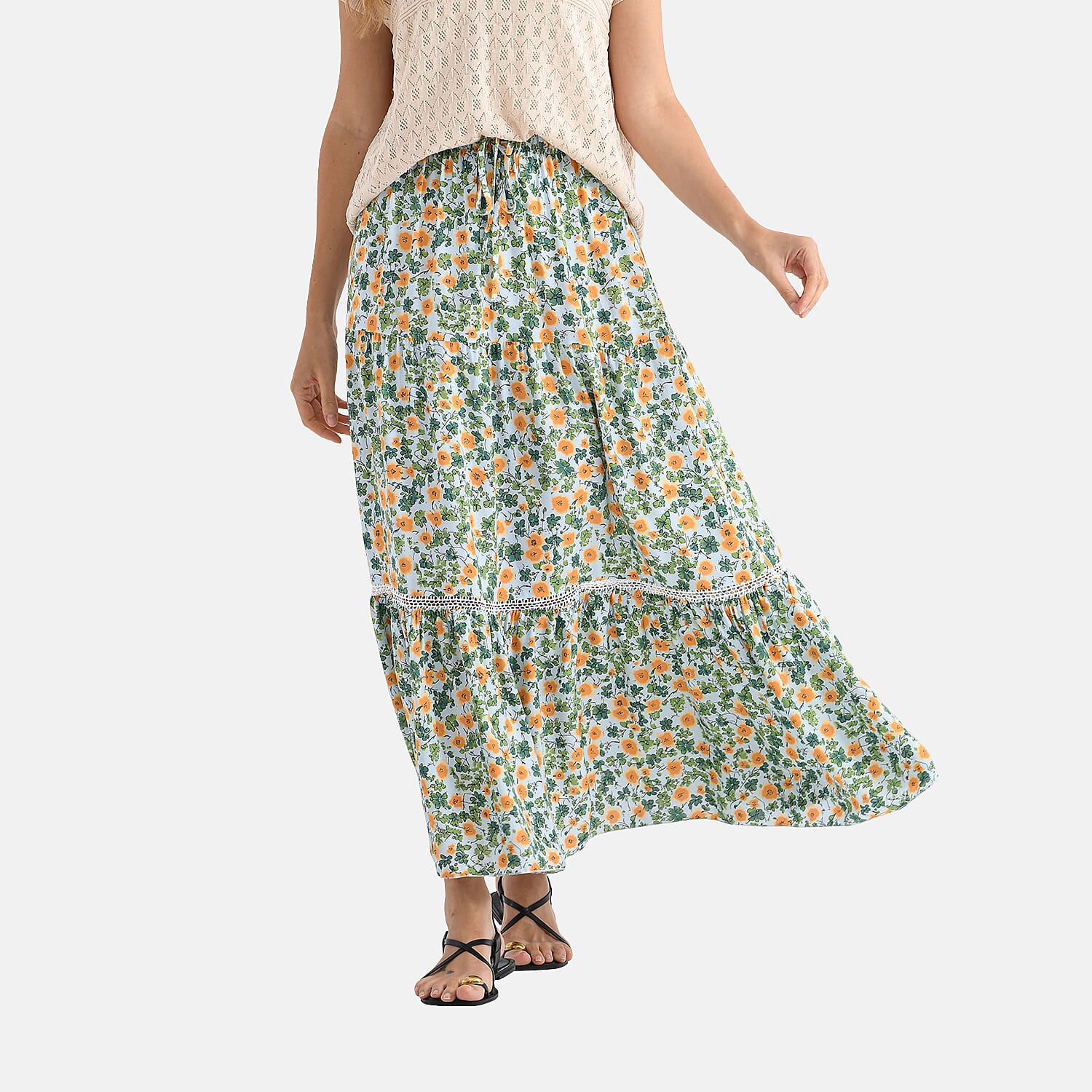 - Maisi Womens Viscose Floral Print Tiered Boho Skirt (One Size) - Green