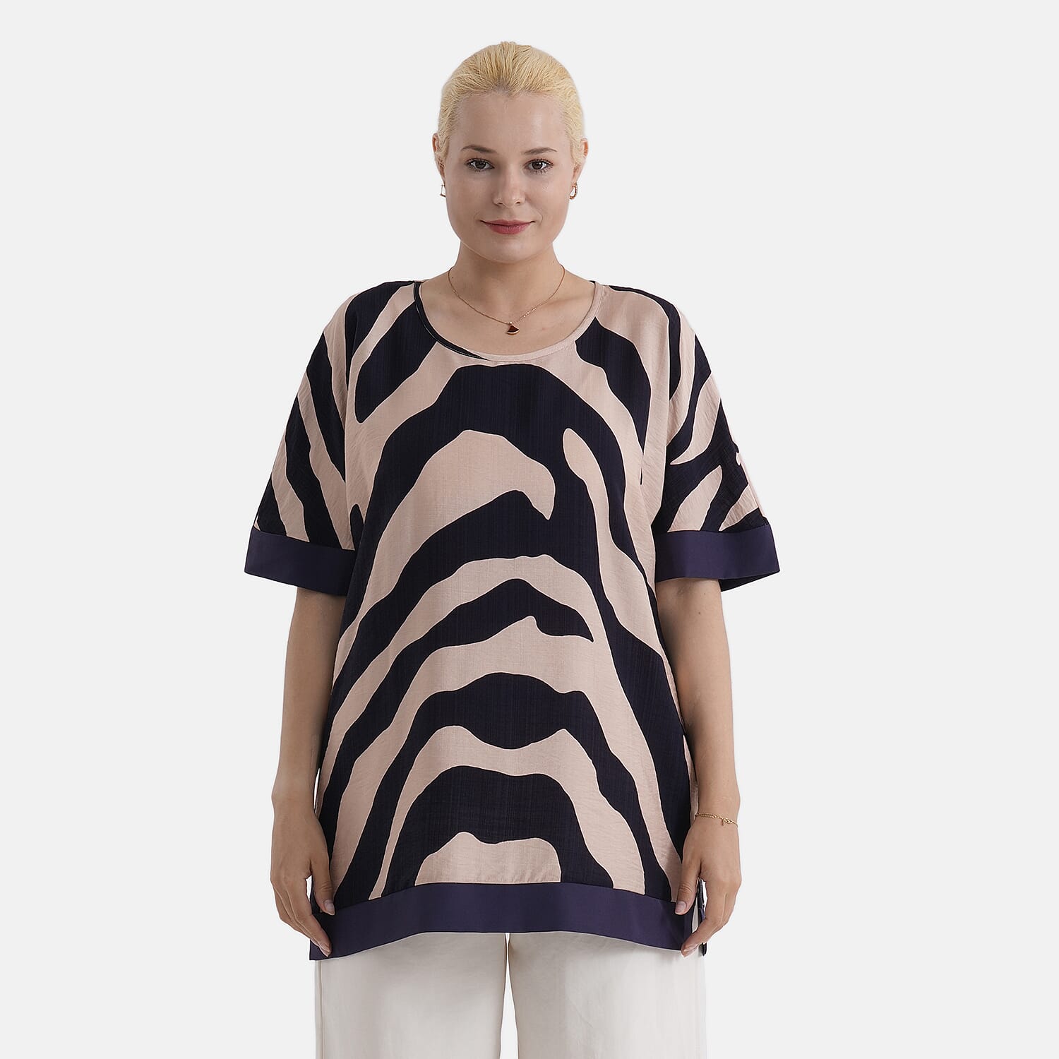 - Maisi Zebra Print Round-Neck Short Sleeve Top (Size L-XL) - Beige