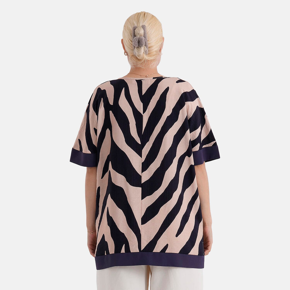 - Maisi Zebra Print Round-Neck Short Sleeve Top (Size L-XL) - Beige