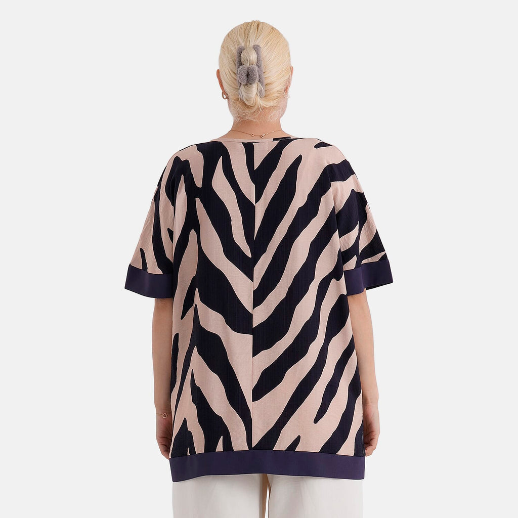 - Maisi Zebra Print Round-Neck Short Sleeve Top (Size L-XL) - Beige