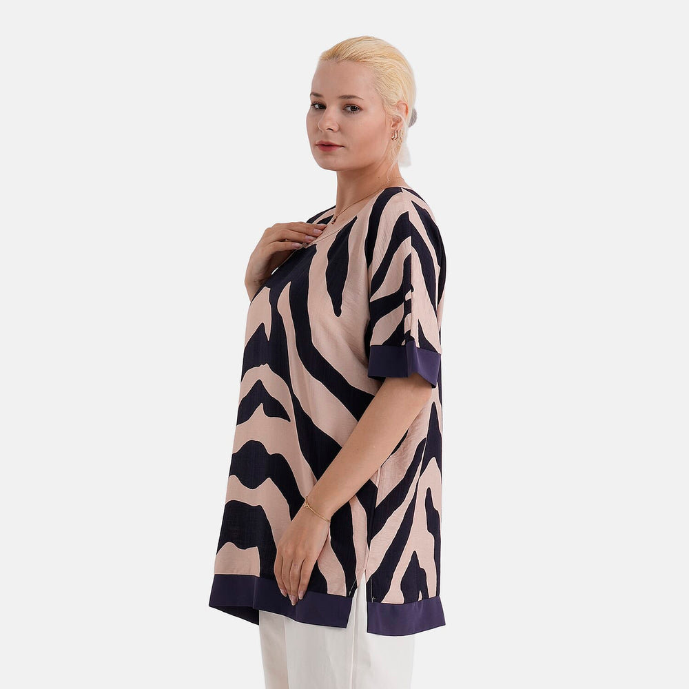 - Maisi Zebra Print Round-Neck Short Sleeve Top (Size L-XL) - Beige