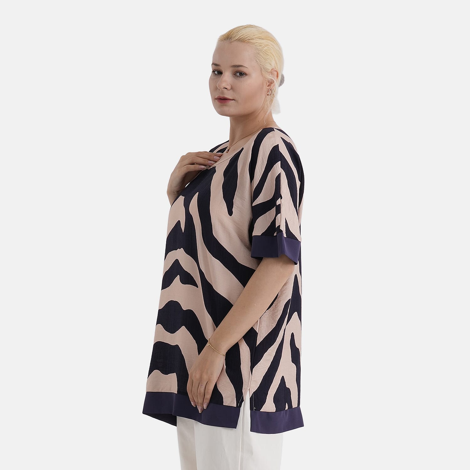 - Maisi Zebra Print Round-Neck Short Sleeve Top (Size L-XL) - Beige