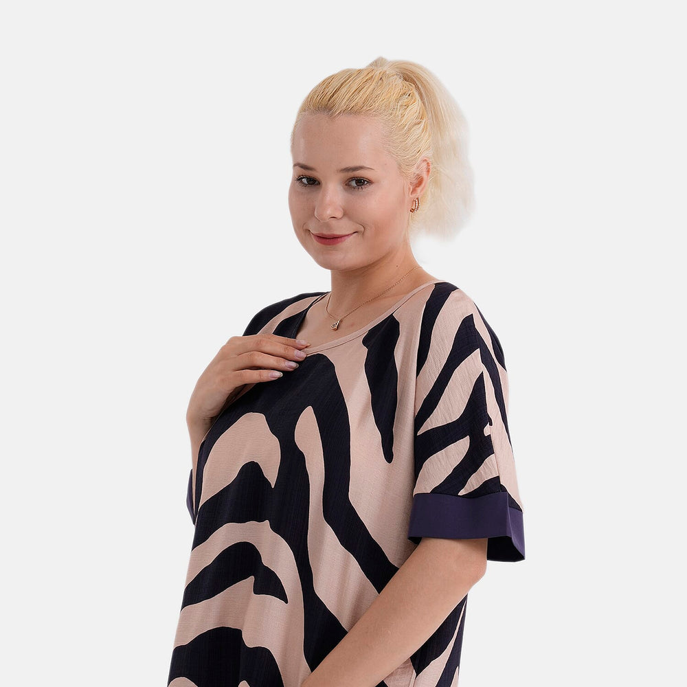 - Maisi Zebra Print Round-Neck Short Sleeve Top (Size L-XL) - Beige