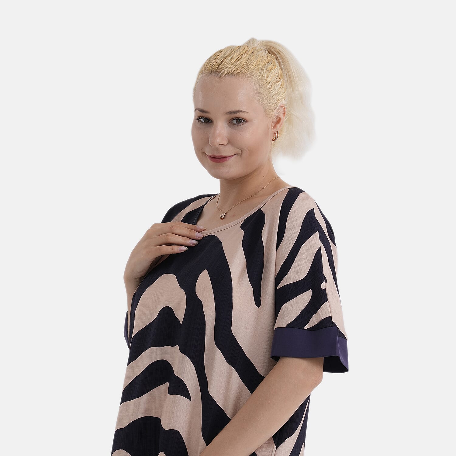 - Maisi Zebra Print Round-Neck Short Sleeve Top (Size L-XL) - Beige