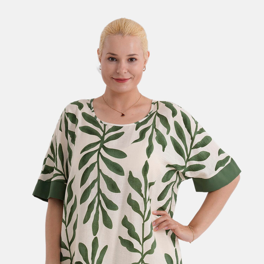- Maisi Leaf Print Round-Neck Short Sleeve Top (Size L-XL) - Green