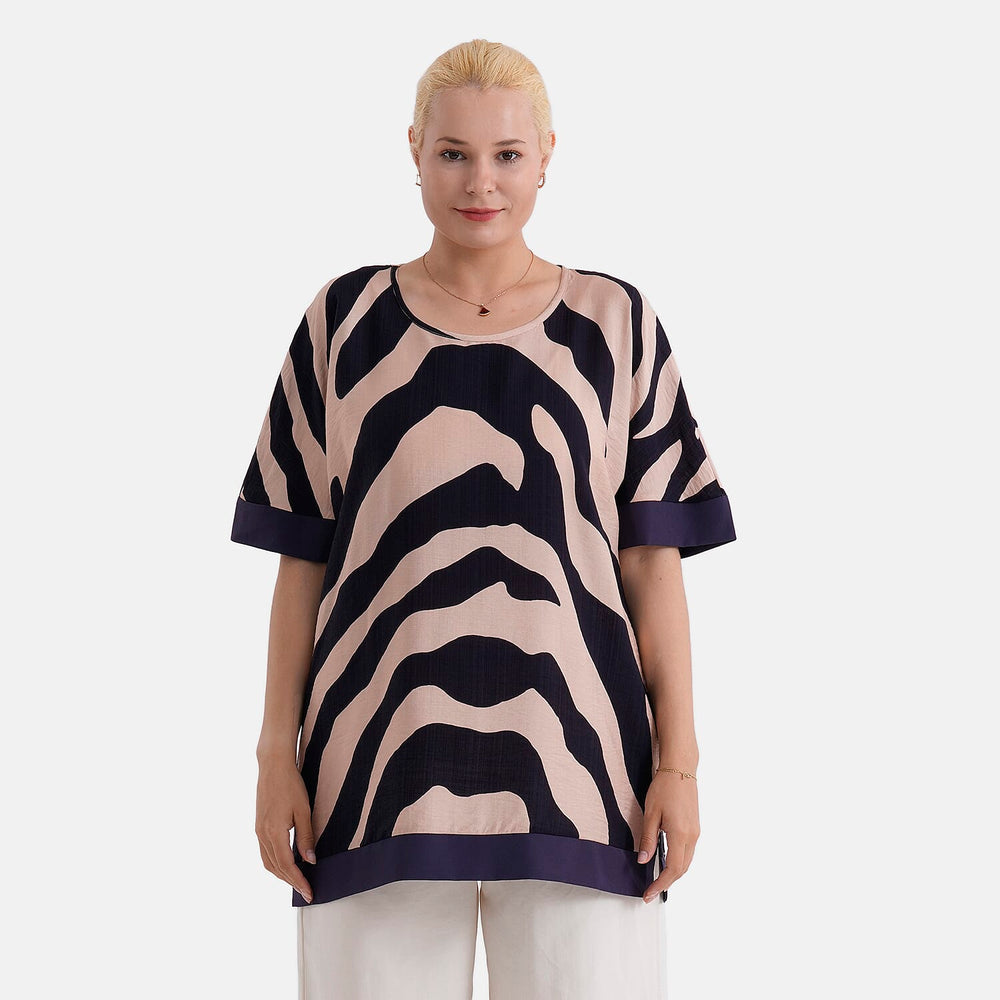- Maisi Zebra Print Round-Neck Short Sleeve Top (Size S-M) - Beige