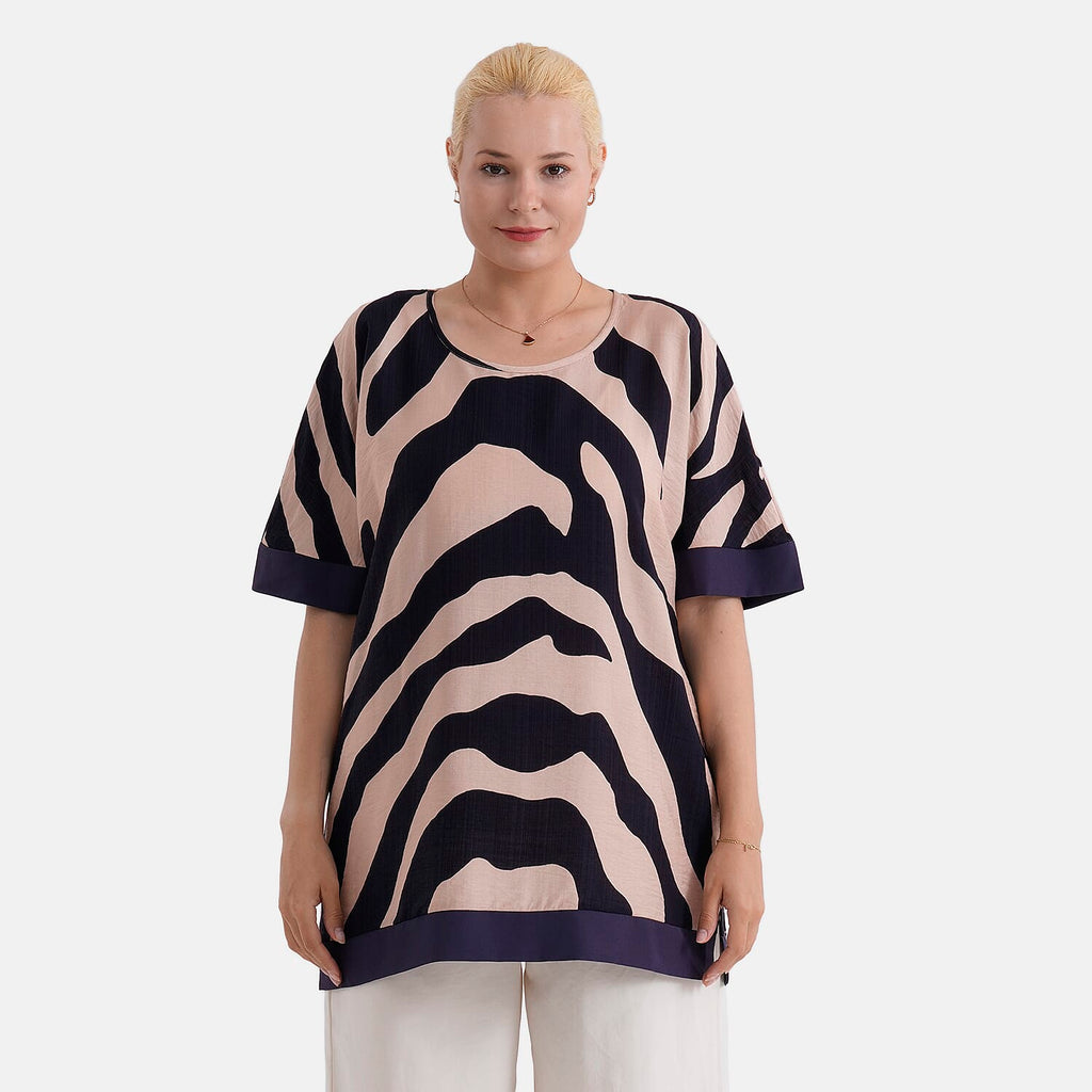 - Maisi Zebra Print Round-Neck Short Sleeve Top (Size S-M) - Beige