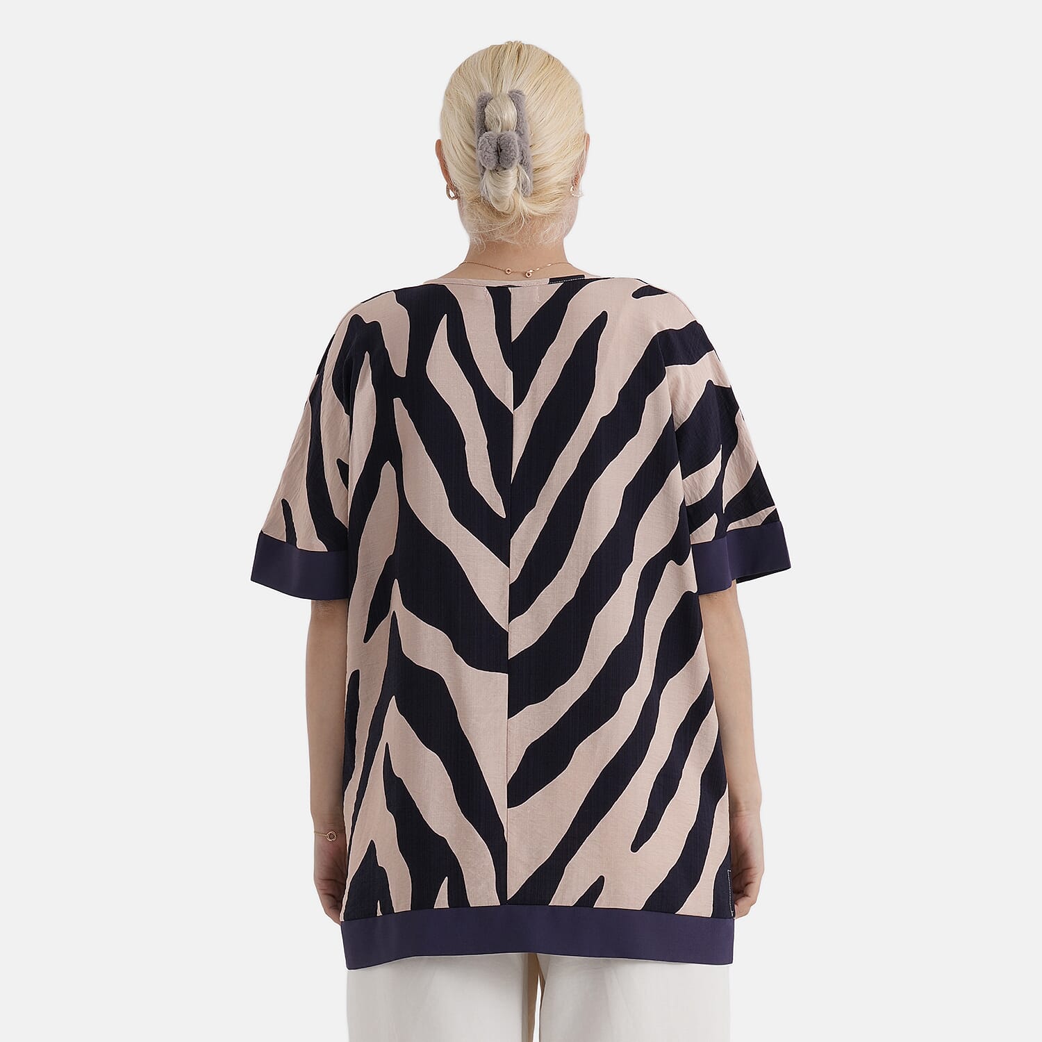 - Maisi Zebra Print Round-Neck Short Sleeve Top (Size S-M) - Beige