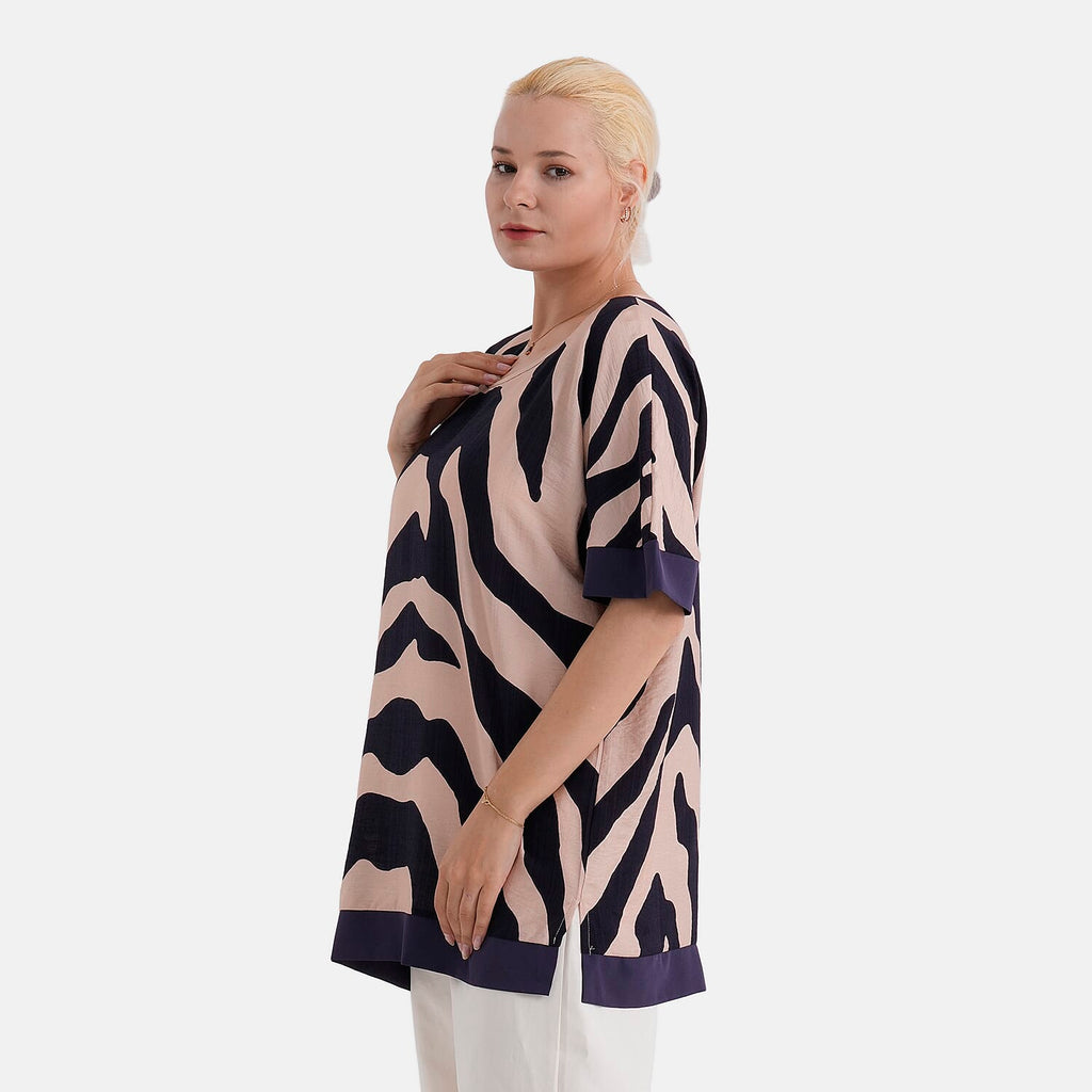 - Maisi Zebra Print Round-Neck Short Sleeve Top (Size S-M) - Beige