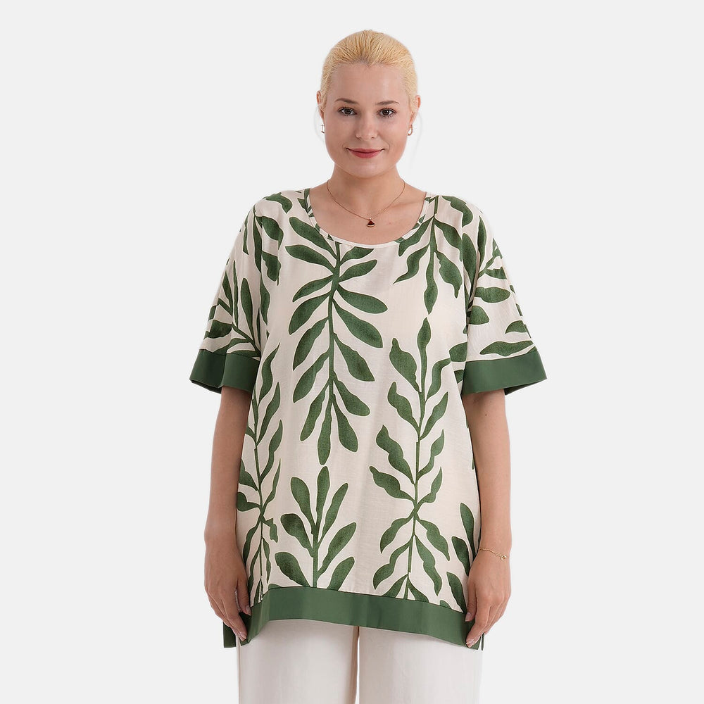 - Maisi Leaf Print Round-Neck Short Sleeve Top (Size S-M) - Green