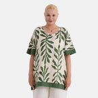 - Maisi Leaf Print Round-Neck Short Sleeve Top (Size S-M) - Green