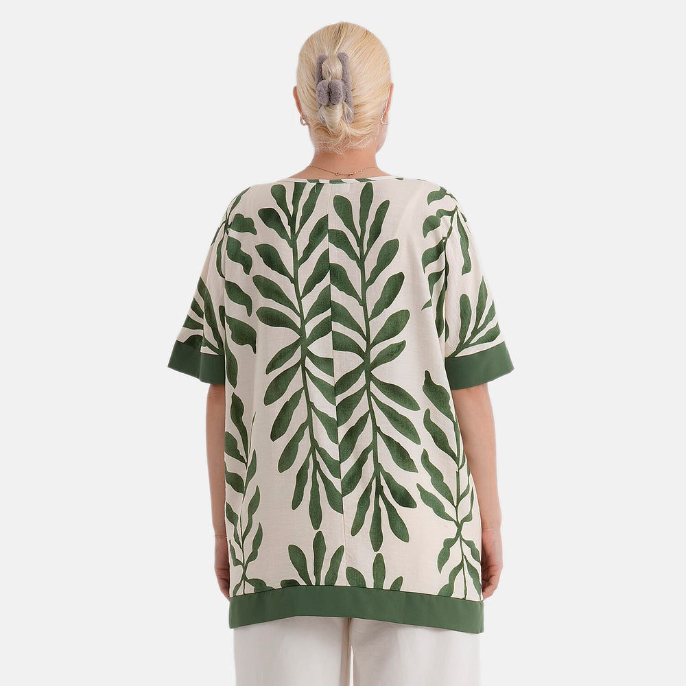 - Maisi Leaf Print Round-Neck Short Sleeve Top (Size S-M) - Green