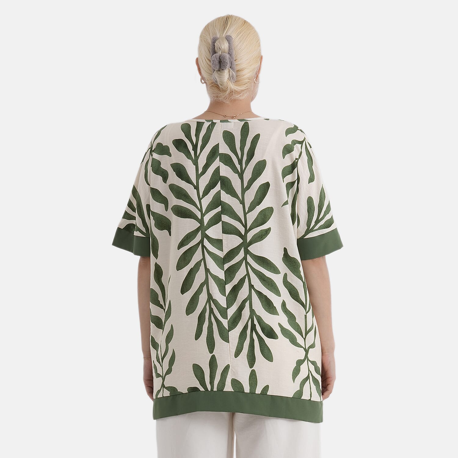 - Maisi Leaf Print Round-Neck Short Sleeve Top (Size S-M) - Green