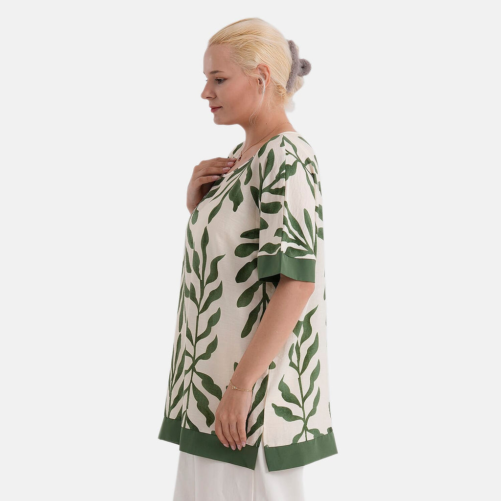 - Maisi Leaf Print Round-Neck Short Sleeve Top (Size S-M) - Green