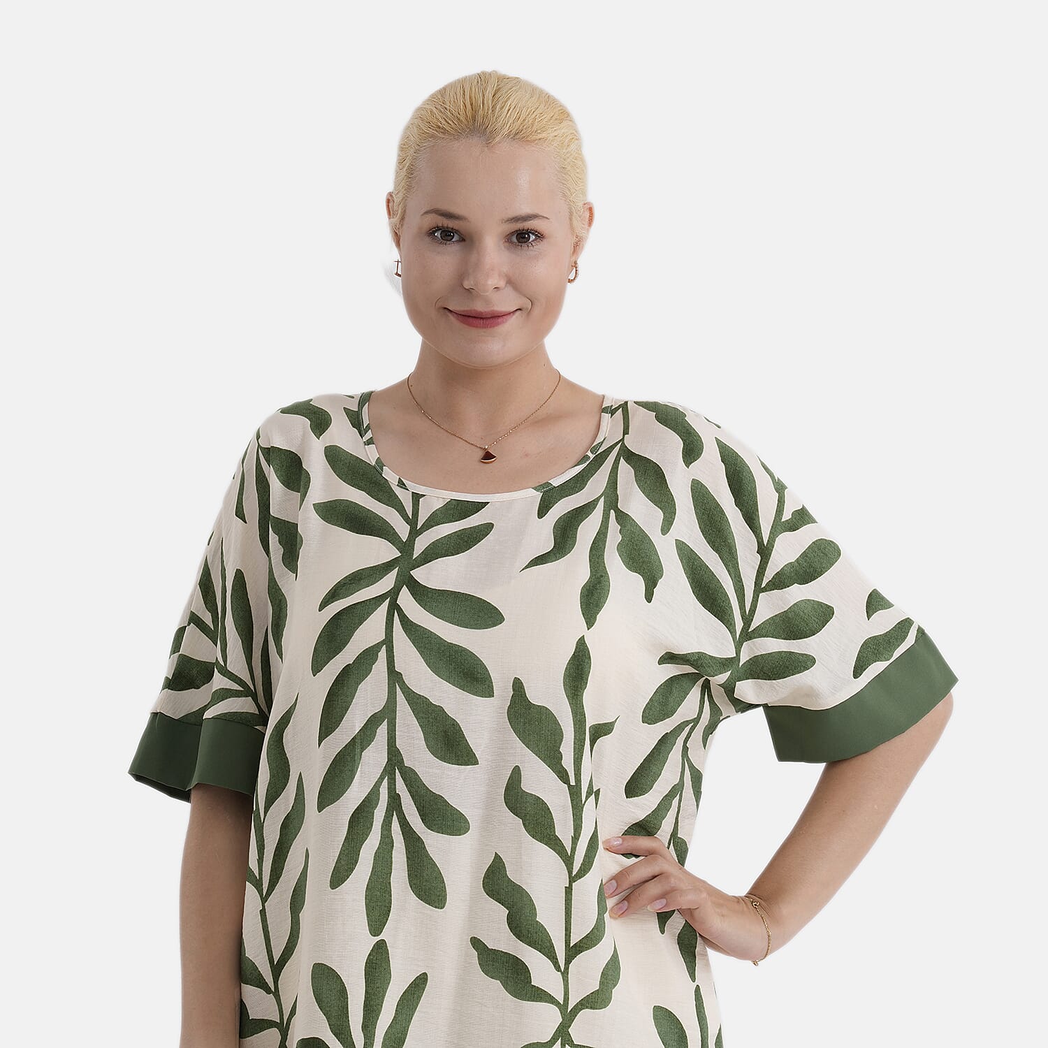 - Maisi Leaf Print Round-Neck Short Sleeve Top (Size S-M) - Green